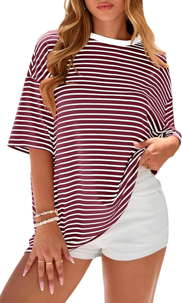PRETTYGARDEN Womens Oversized Cute Tops Casual Striped Short Sleeve Shirt Women Trendy 2026 Sprin... | Amazon (US)