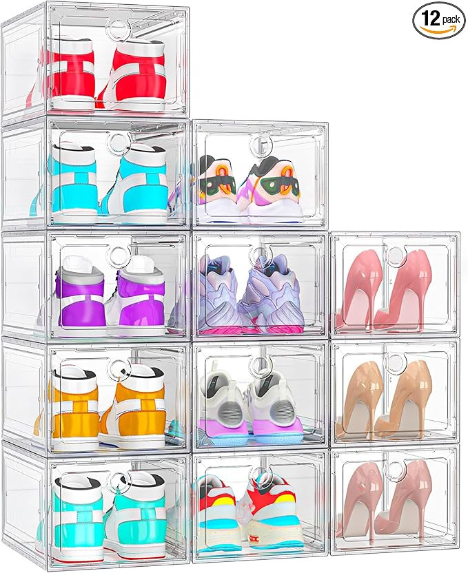 12 Pack Upgrade Harder Shoe Organizer, Shoe Storage with Magnetic Front Door, Clear Shoe Boxes Fo... | Amazon (US)