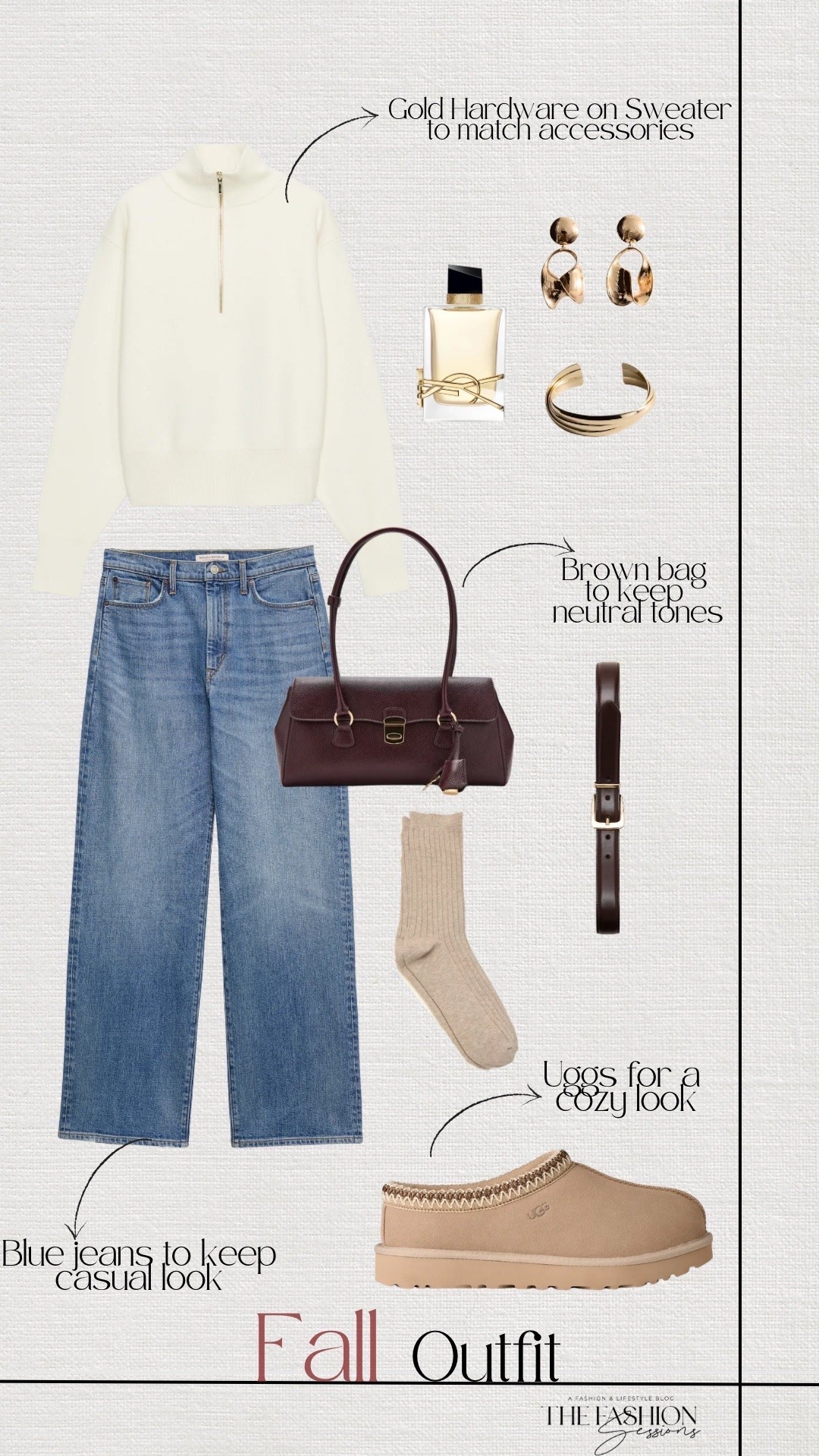 Cozy casual fall outfit | A cream half-zip sweater with wide-leg jeans and Ugg Tasman slippers is my go-to easy fall look. Gold earrings and a cuff bracelet match the sweater's gold zipper, and a brown shoulder bag keeps it all neutral. Shop the full look below!

#LTKSeasonal #LTKootd #LTKgrwm