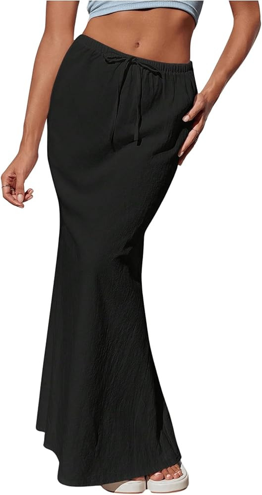 SHENHE Women's Low Rise Drawstring Waist Flare Maxi Skirt Solid Simple Casual Long Skirt | Amazon (US)