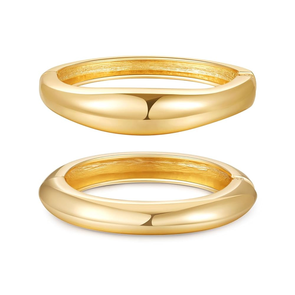 2pcs Gold Bangle Bracelets for Women, Trendy Hinged Cuff Open Wide Chunky Gold Bracelet Stack Arm... | Amazon (US)