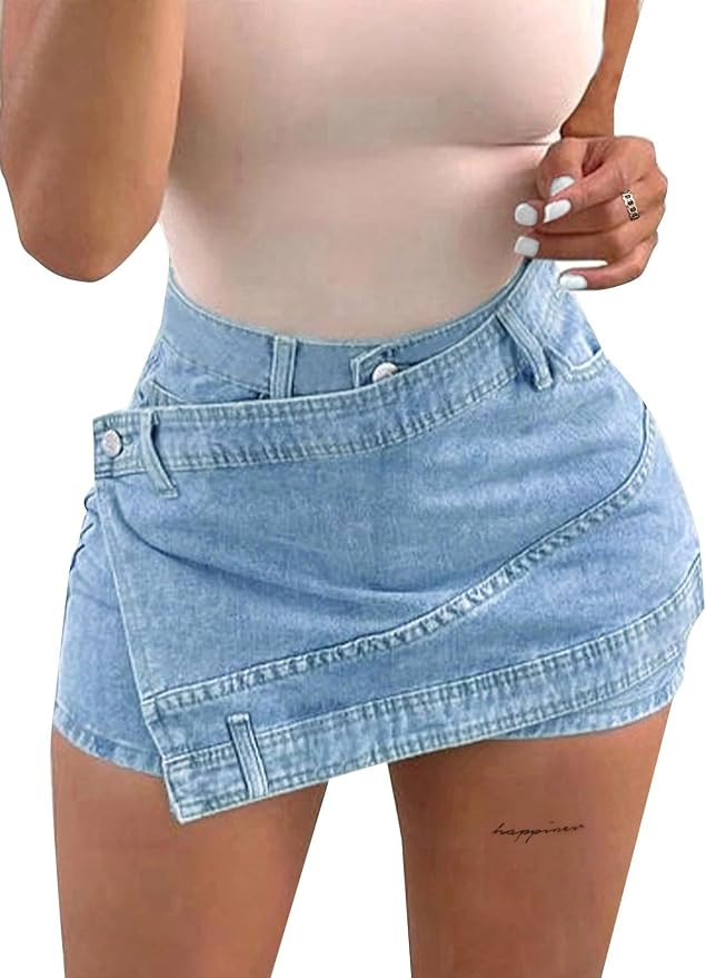 Avanova Women Denim Mini Skirt Jean Skort Sexy High Waist Asymmetrical Wrap Stretch Short Skirts | Amazon (US)