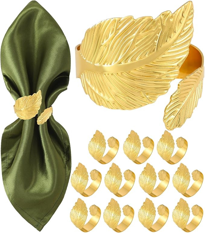 Gold Napkin Rings, Shiny Metal Napkin Rings Set of 12, Study Leaf Shaped Table Decor, Stylish Fal... | Amazon (US)
