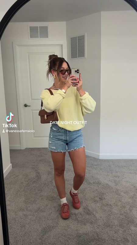 5/2/24 Date night casual outfit 🫶🏼 casual outfit, casual spring outfit, casual spring fashion, casual outfit ideas, Agolde jeans, Agolde Jean shorts, pink sneakers, alohas sneakers, yellow sweater 