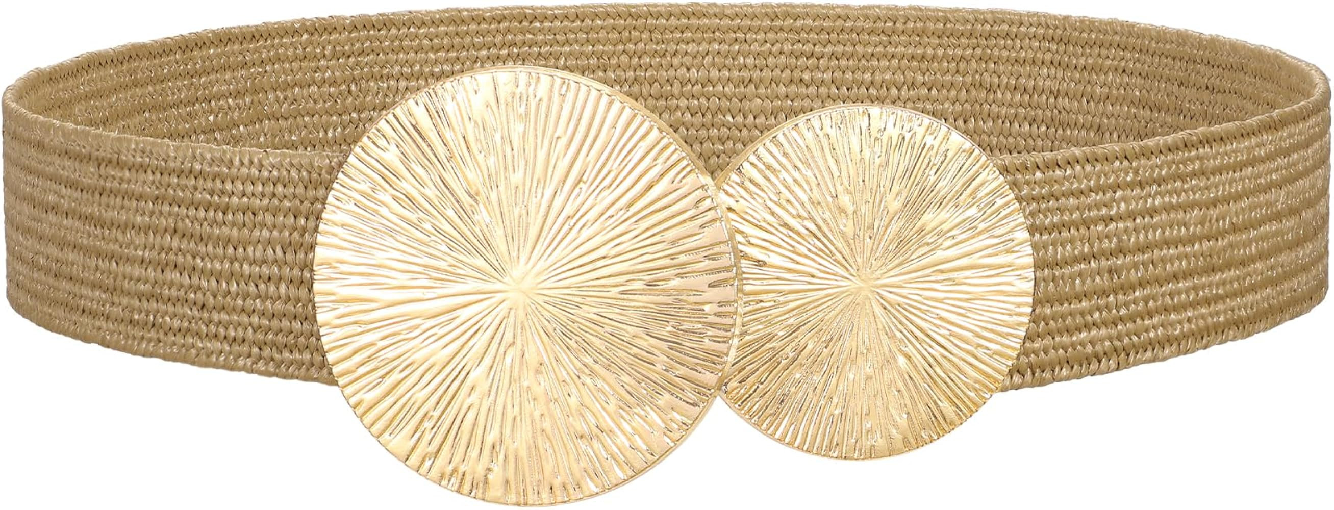 JASGOOD Women's Woven Straw Elastic Belt, Boho Rattan Waist Belt with Gold Buckle for Summer Dresses at Amazon Women\u2019s Clothing store | Amazon (US)