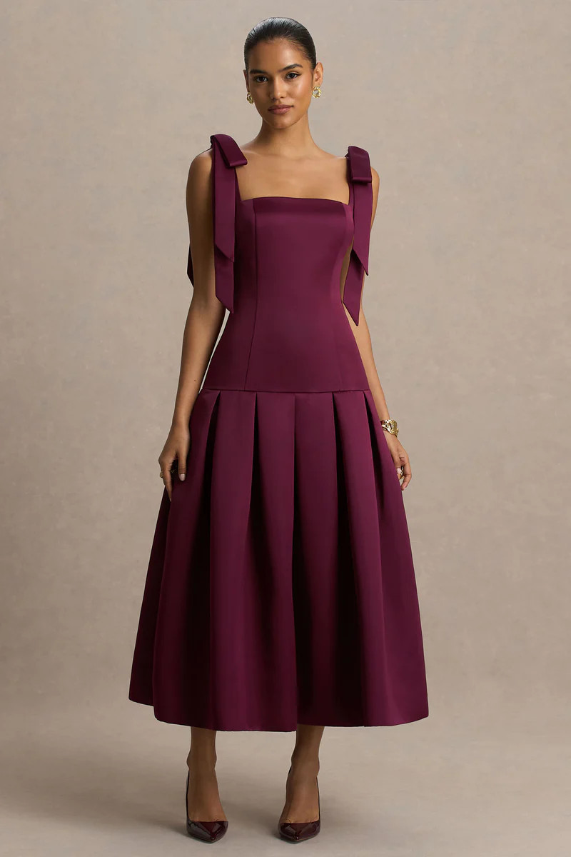 Alberta  Burgundy Satin Midi Dress With Bow Straps | Club L London