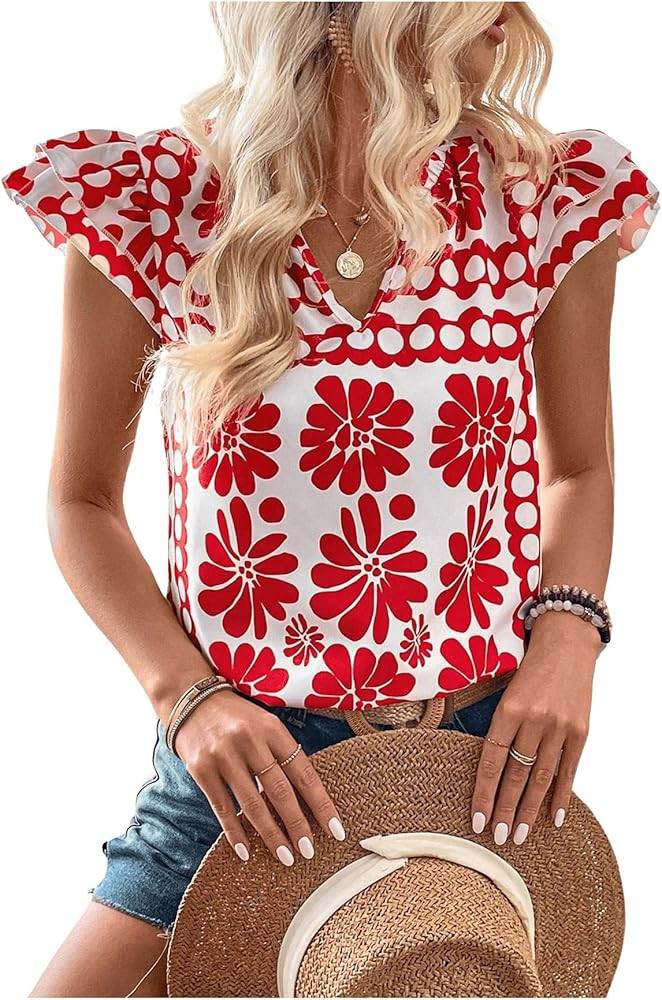 Floerns Women's Striped Ruffle Cap Sleeve Tops Summer Blouse Tops V Neck Business Causal Work Out... | Amazon (US)