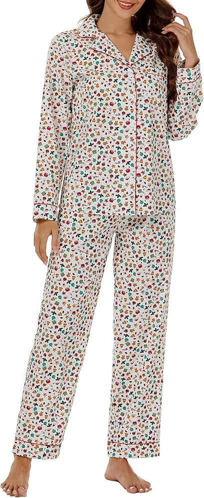 LUBOT 2024 Christmas Pajamas 100% Cotton Womens Pajamas Set 2 Piece Soft Button-Down Xmas PJs Set... | Amazon (US)