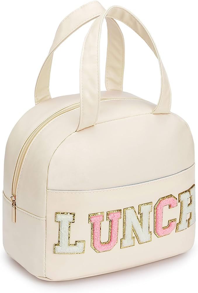 Lunch Bag for Women Insulated For Men PU leather Small Office Work lunch with Chenille Letters Le... | Amazon (US)