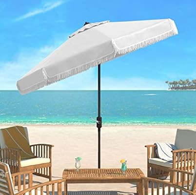 Safavieh PAT8008C Collection Milan Fringe 9Ft Crank Outdoor Push Button Tilt Umbrella, White/Whit... | Amazon (US)