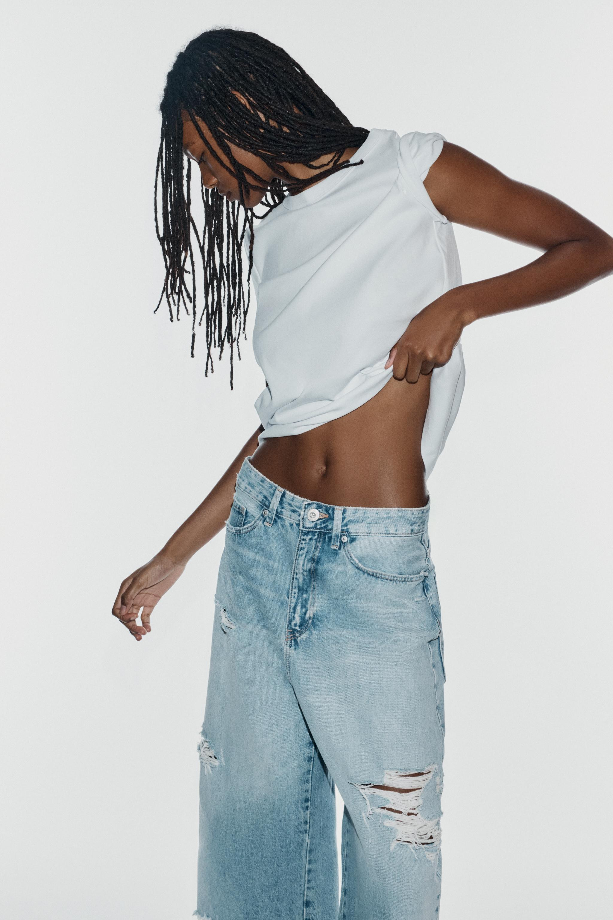 MID-WAIST RIPPED BAGGY DENIM JORTS | Zara UK
