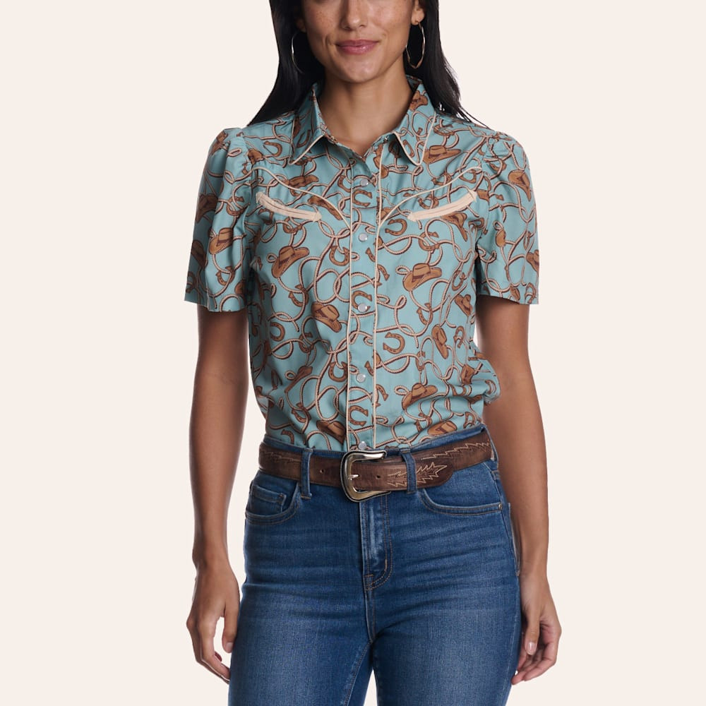 Merigold Kiss Women's Blue Cowboy Hat & Rope Print Pearl Snap Western Shirt | Cavender's