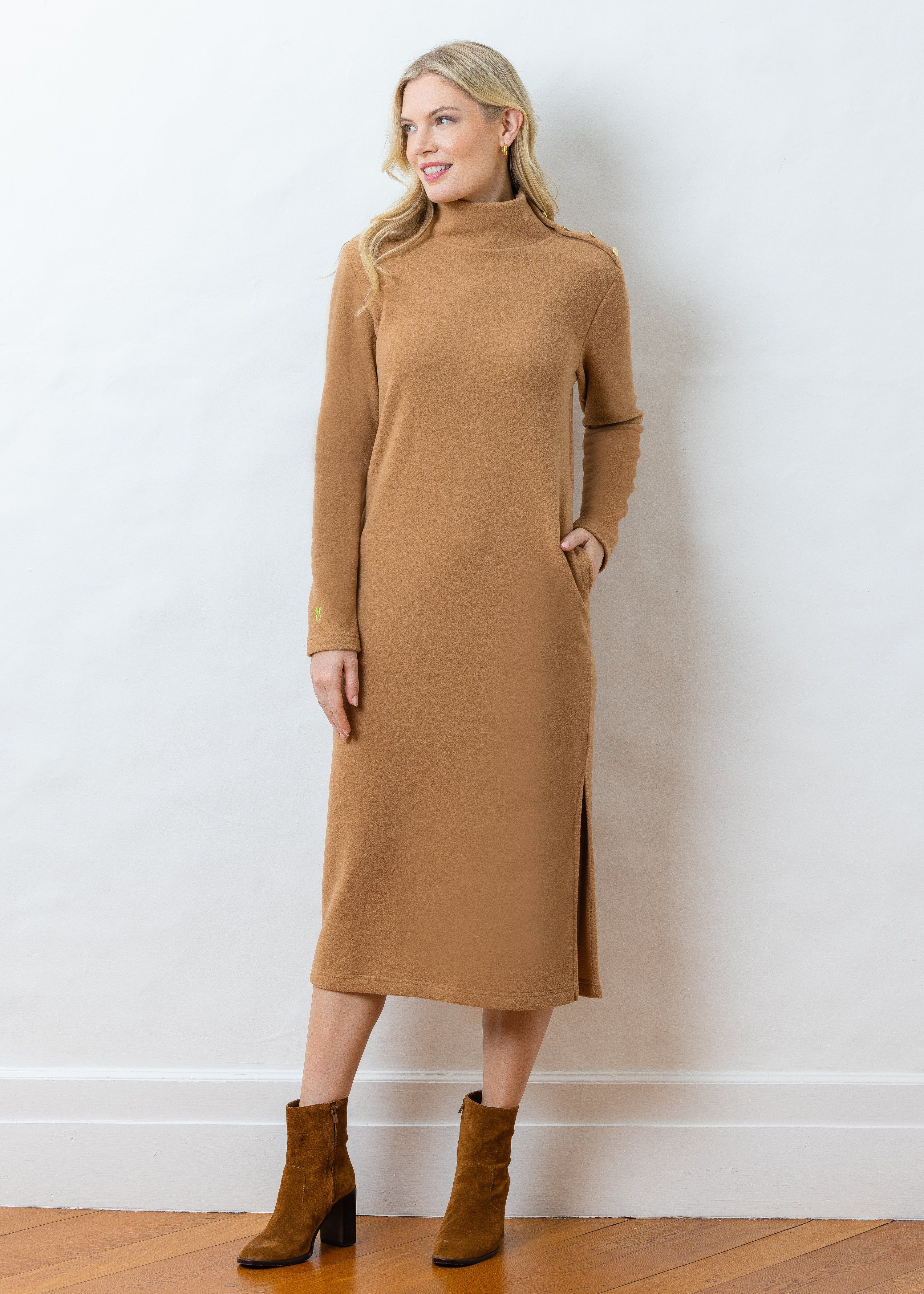 Meadow Maxi Dress in Vello Fleece (Camel) | Dudley Stephens