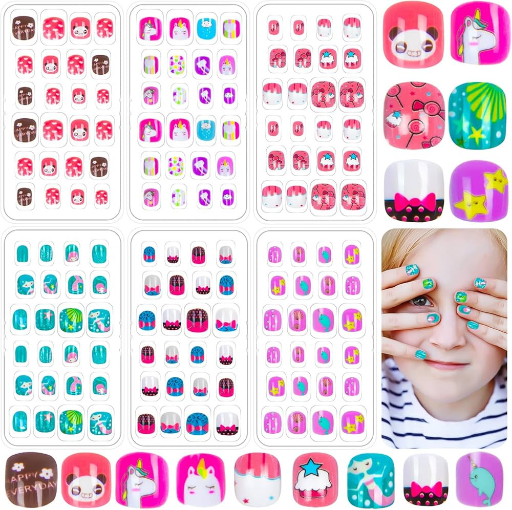 144 Pieces Fake Nails for Kids Girls Artificial Kids Press on Nails Full Cover Short Acrylic Stic... | Amazon (US)