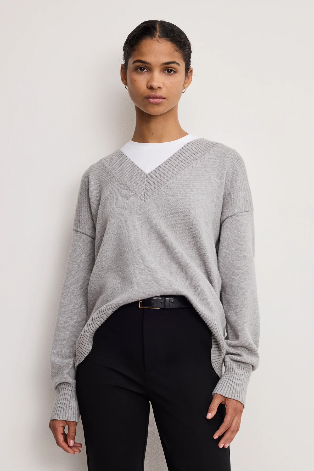 DEEP V KNIT SWEATER | MELANGE GREY - GOOD AMERICAN | Good American