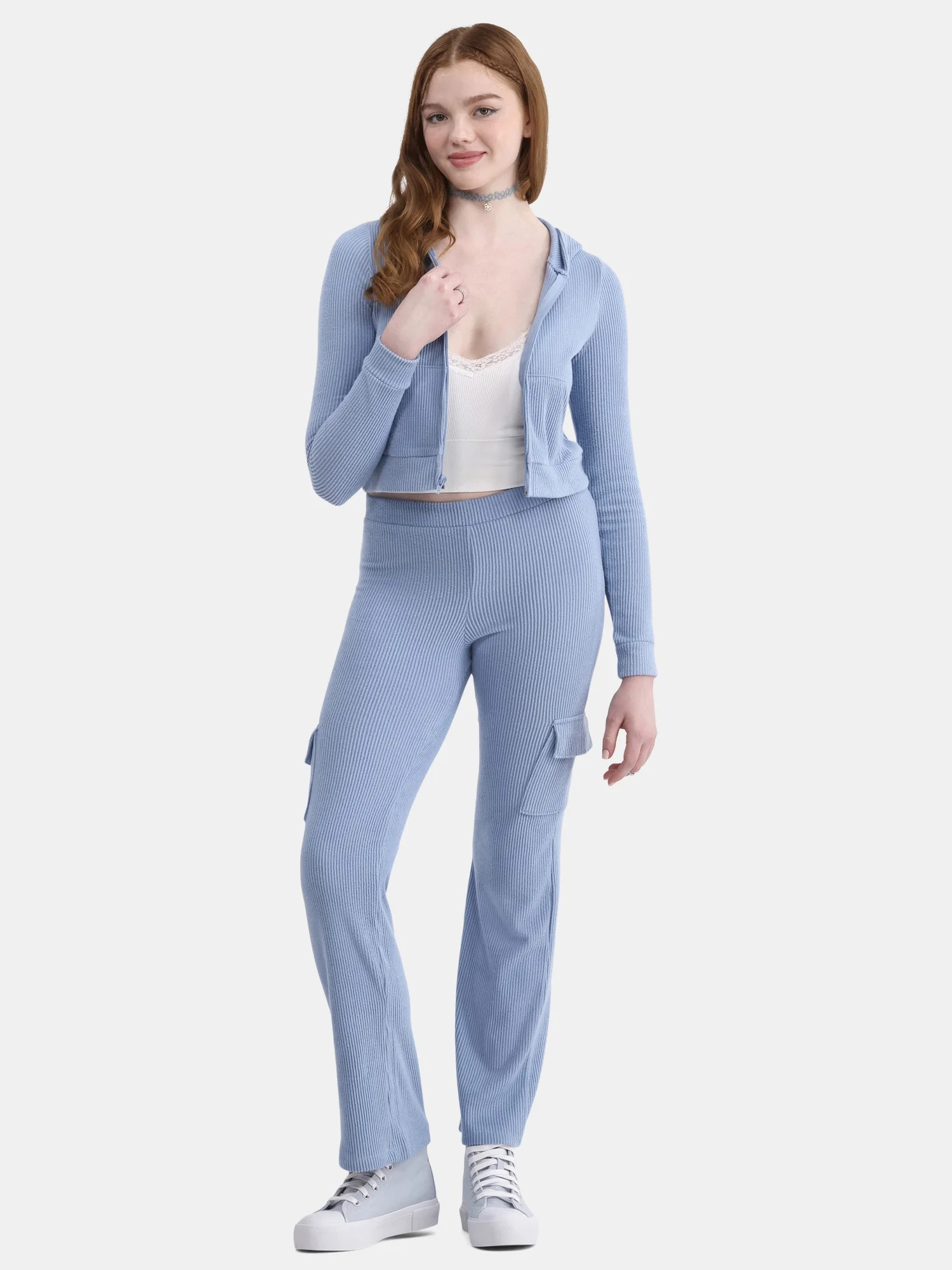No Boundaries Brushed Rib Zip Front Hoodie and Flare Pants Set, 2-Piece, Women's | Walmart (US)