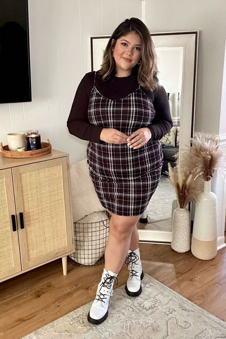 Plus size fall outfit 
Plaid dress layered with black long-sleeve tshirt 
Combat boots 
College outfit 
Under $20


#LTKstyletip #LTKplussize #LTKfindsunder50
