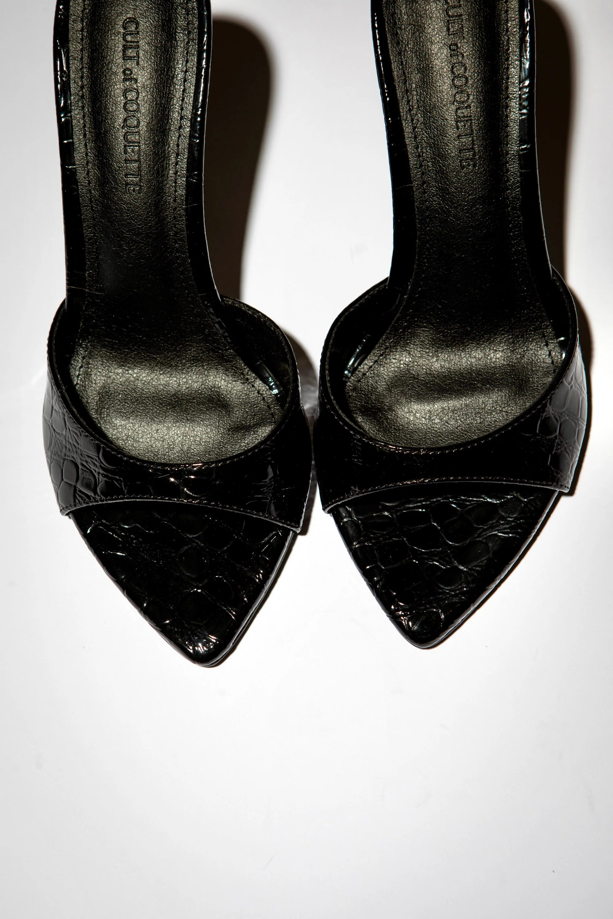 Gia Black Croc Patent Vegan Mules 80 mm | CULT OF COQUETTE
