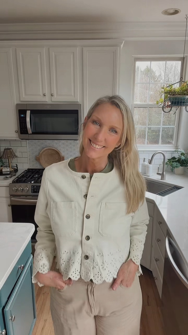 Spring jacket 

This spring jacket from Walmart has the cutest little eyelet detail 
Also, the sleeve length is great! Tall girl
Approved! 

#LTKOver40 #LTKMidsize #LTKTall