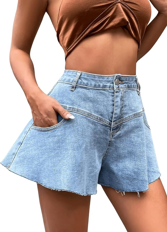Floerns Women's High Waist Ruffle Raw Hem Loose Fit Wide Leg Denim Shorts | Amazon (US)