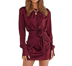 Amazon.com: PRETTYGARDEN Women's Satin Dress Long Sleeve Crewneck Elastic Tie Waist Elegant Cockt... | Amazon (US)