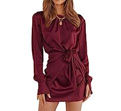 Amazon.com: PRETTYGARDEN Women's Satin Dress Long Sleeve Crewneck Elastic Tie Waist Elegant Cockt... | Amazon (US)