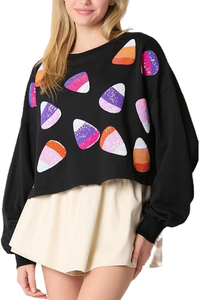 Women Halloween Sequin Sweatshirt Spooky Season Funny Graphic Pumpkin Ghost Shirts Long Sleeve Ha... | Amazon (US)