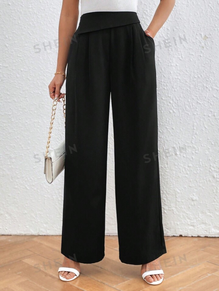 SHEIN Essnce Women's Solid Color Pleated Front Trousers With Pockets | SHEIN