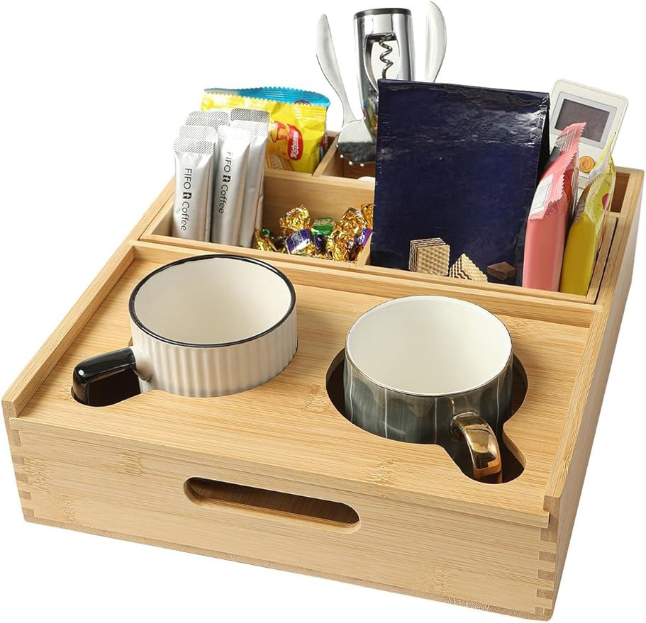 Large Bamboo Couch Caddy, Sofa Cup Holder Tray with 7 Compartments, Couch and Bedside Organizer f... | Amazon (US)