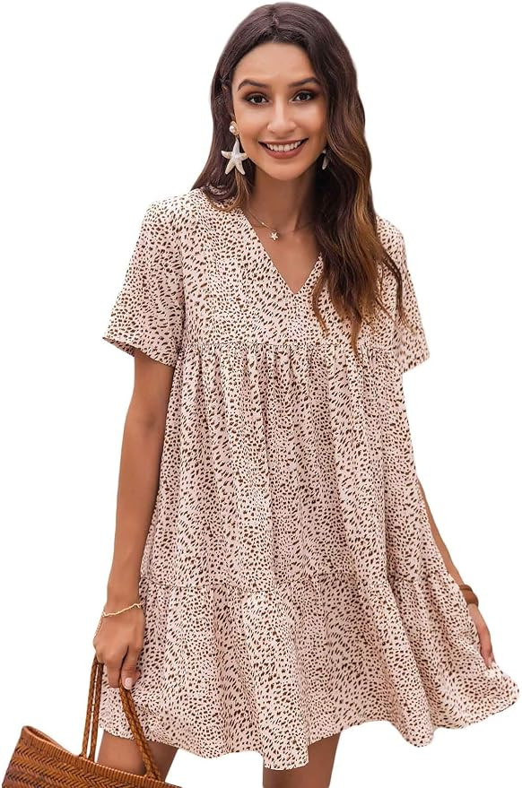 Floerns Women's Cute V Neck Ruffle Sleeve Babydoll Swing Dress | Amazon (US)