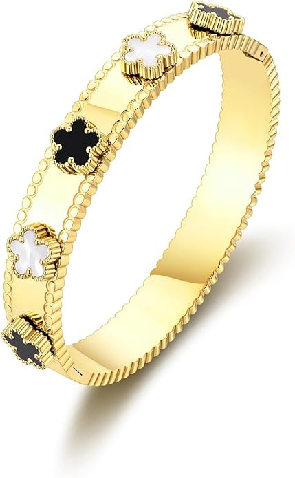 Clover Bracelet Bangle for Women 14K Gold and White Gold Plated Stainless Steel Lucky Jewelry | Amazon (US)