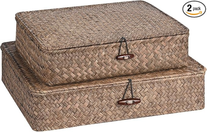 FOSSORH Set of 2 Flat Seagrass Storage Bins with Lid Wicker Storage Baskets for Organizing, Woven... | Amazon (US)