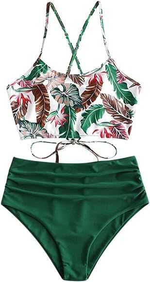 ZAFUL Women's Leaf Print Crisscross Tankini Ruched High Waist Swimsuits Lace-up Palm Floral Swimw... | Amazon (CA)