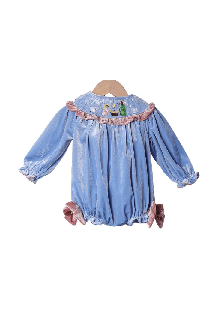 Smocked Away In a Manger Blue Velvet Ruffle Bubble | The Smocked Flamingo