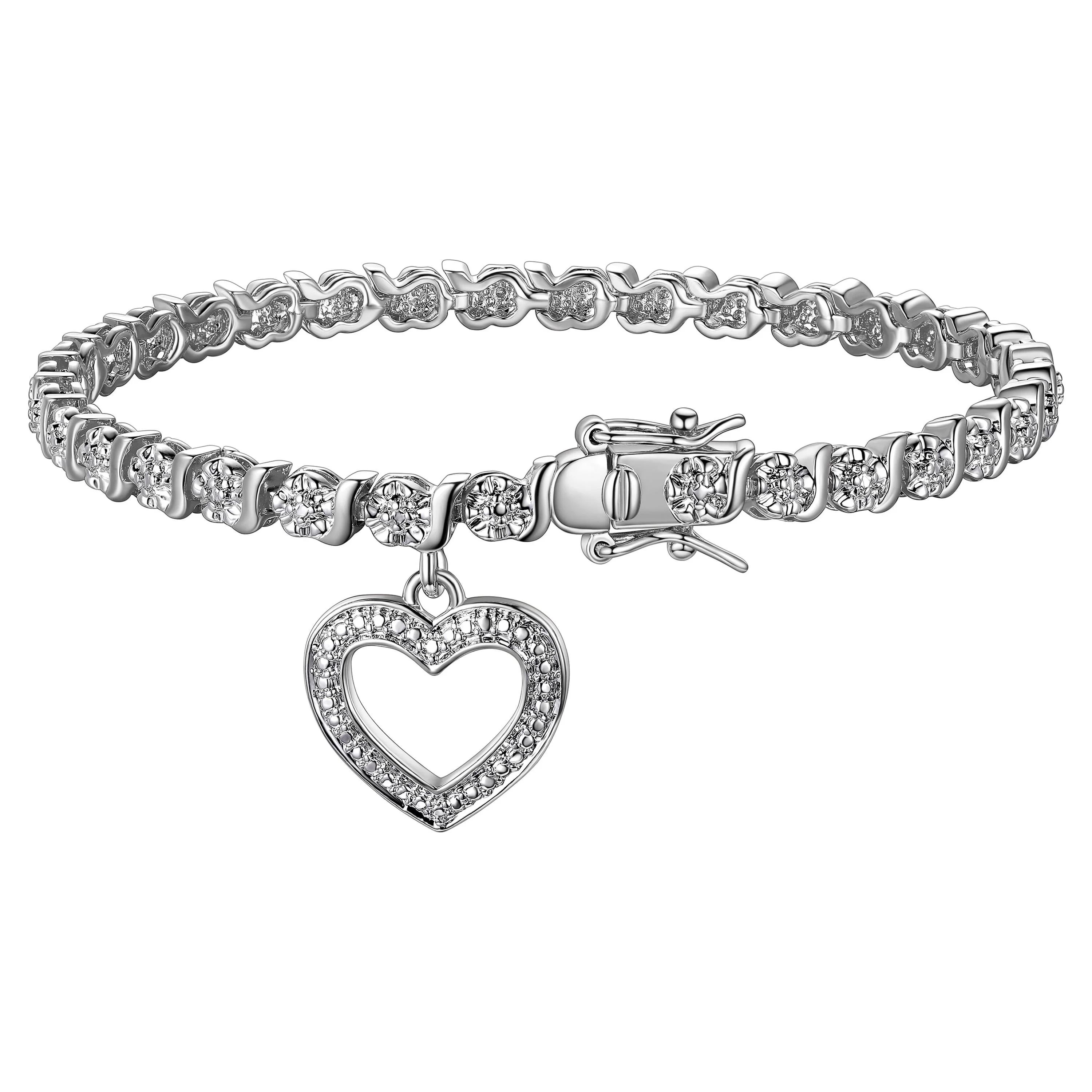 Forever Facets Diamond Accent Open Heart Charm Rhodium Plated 7.25” Tennis Bracelet, Adult Fema... | Walmart (US)