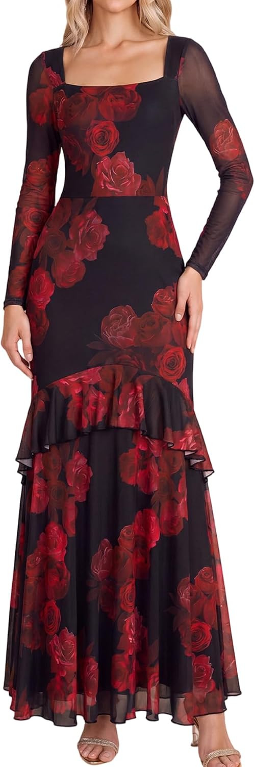 Fall Floral Long Sleeve Flomal Wedding Guest Maxi Dress for Women | Amazon (US)
