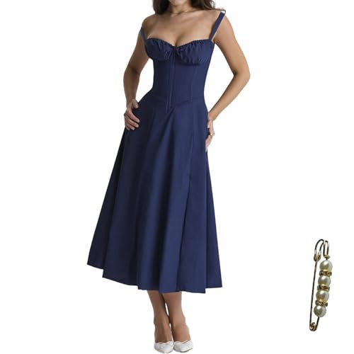 Yazinie Midi Dresses for Women Tea Party Vacation Going Out Corset Flowy Cute A Line Casual Formal Long Satin Dress Navy Blue | Amazon (US)