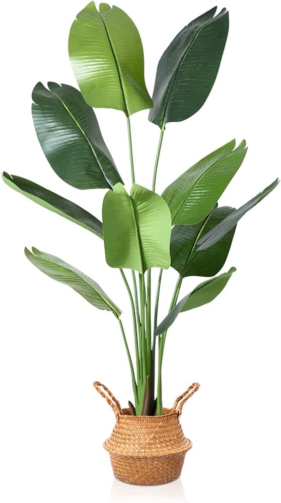MOSADE 5FT Artificial Bird of Paradise Plant,Tall Fake Tropical Palm Tree with Woven Seagrass Bas... | Amazon (US)