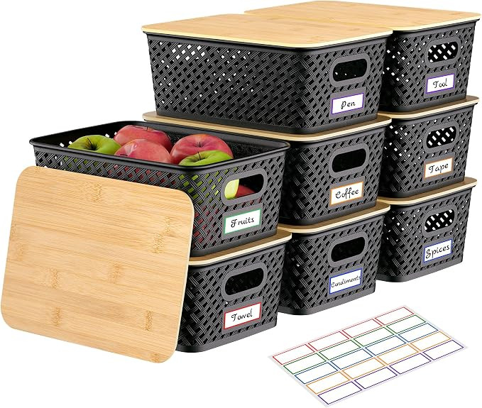 8 Pack Plastic Storage Bins with Bamboo Lids, 5.2 QT Stackable Bins | Amazon (US)