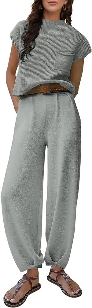 Yeokou Women's 2 Piece Sweater Sets Cap Sleeve Knit Top Deep Pockets Pants Lounge Sets | Amazon (US)