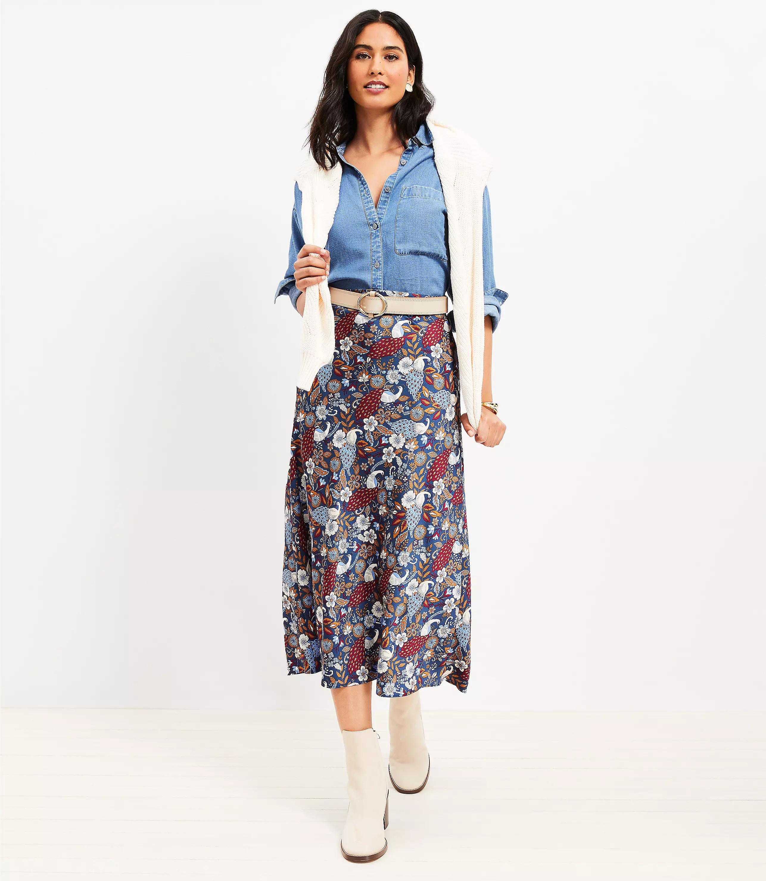 Petite Peacock Bias Midi Skirt | LOFT