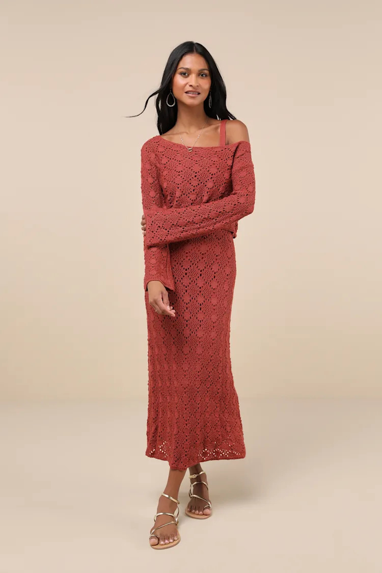 Doubled Up Cutie Rust Red Crochet Two-Piece Sweater Midi Dress | Lulus