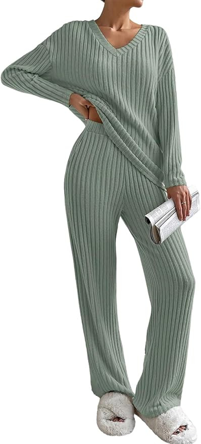 SHEWIN Women's Pajama Sets Long Sleeve Short Sleeve 2 Piece Lounge Sets Ribbed Knit Sweater Sleep... | Amazon (US)