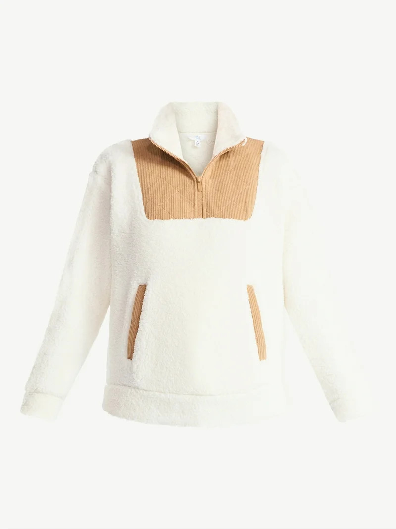 Time and Tru Women's Plush Fleece Quarter Zip Jacket with Corduroy Trim, Lightweight, Sizes XS-XX... | Walmart (US)