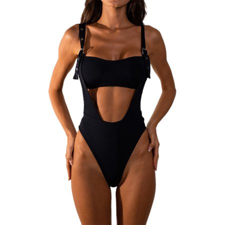Swimsuit High Waist Swimwear Padded Women Swim Suit Solid Black One Piece Swimsuits S | Walmart (US)