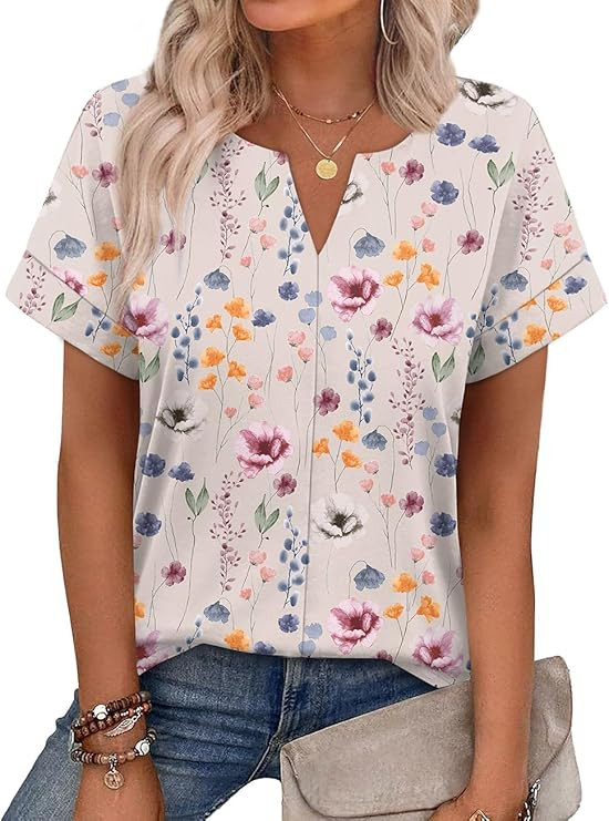WIHOLL Womens Summer Tops 2026 Short Sleeve V Neck T Shirts Fashion Beach Vacation Clothes Busine... | Amazon (US)