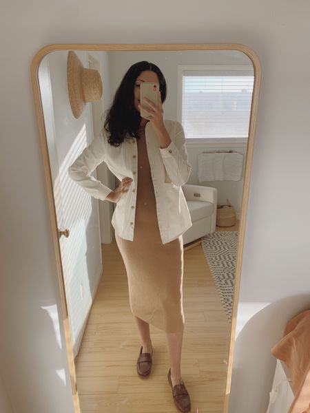 I have had this knit dress since 2019 and it is still going strong! I haven’t even had to depill it once over the years! It’s also one of the only body con items I own (maybe the only!) and somehow the thickness of the knit just smooths everything out. 
•
Will jacket from @sezane 
Sleeveless sweater dress from @jennikayne
Loafers from @jennikayne 
25% off #jennikayne with GINASTOVALL25 this holiday, GINAS15 year round.

#LTKCyberweek #LTKsalealert #LTKbump