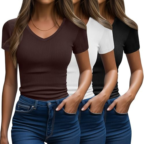 Ficerd 3 Pack Ribbed Short Sleeve Tops for Women Basics V Neck Slim Fit T Shirts Casual Tight Knit Tees(Black, Brown, Cream,XL) | Amazon (US)