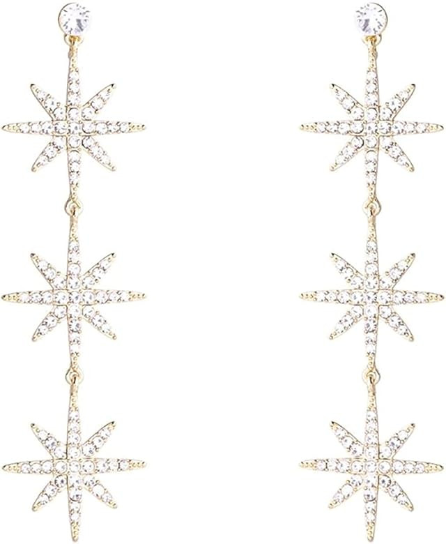 Blingsoul Gold 3 Star Earrings - Silver Crystal 3 Hexagonal Snowflakes Dangling Wedding Jewelry f... | Amazon (US)