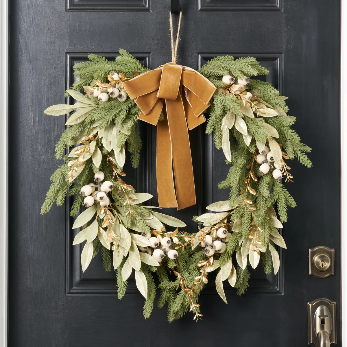 Downswept Fir Wreath with Gilded Eucalyptus, Iced Cream Berry & Gold Boxwood with Velvet Drape Bo... | Darby Creek Trading